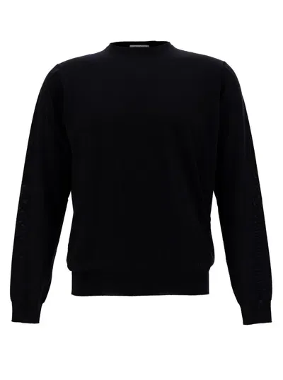 Plain Blue Crewneck Sweater With Ribbed Trims In Wool Man In Black