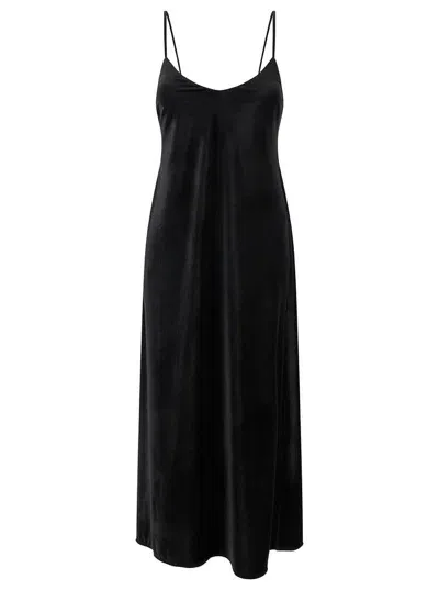 Plain Midi Black Slip Dress With Spaghetti Straps Woman