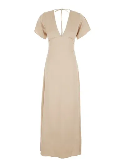 Plain Short Sleeves Long Dress In Neutrals