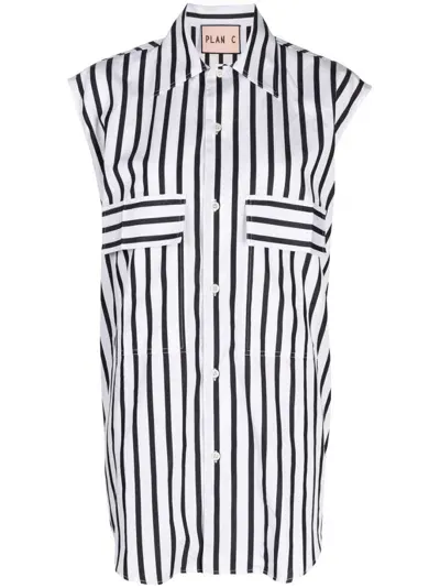 Plan C Women's Striped Sleeveless Tunic Shirt In White Base Black Stripe