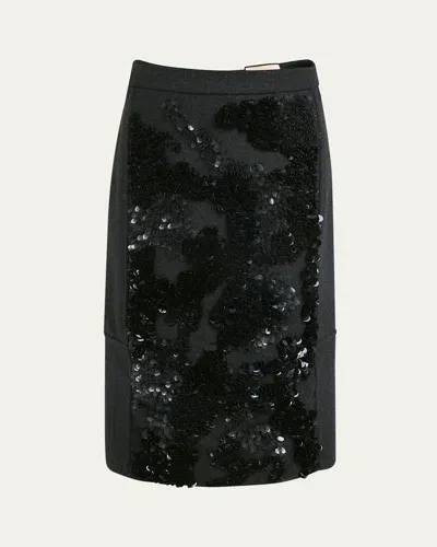 Plan C Wool-blend Sequin Midi Skirt In Melange Black  White