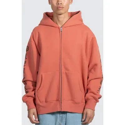 Pleasures Embroidered Graphic Zip-up Hoodie In Rust