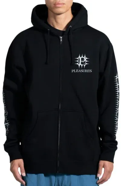 Pleasures Spike Oversize Zip Graphic Hoodie In Black