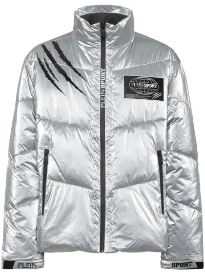 Plein Sport Printed Zipped Padded Jacket In "70 Silver"