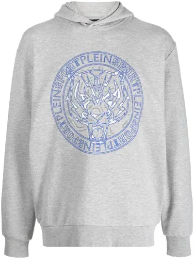 Plein Sport Tiger-print Cotton Hoodie In Grey