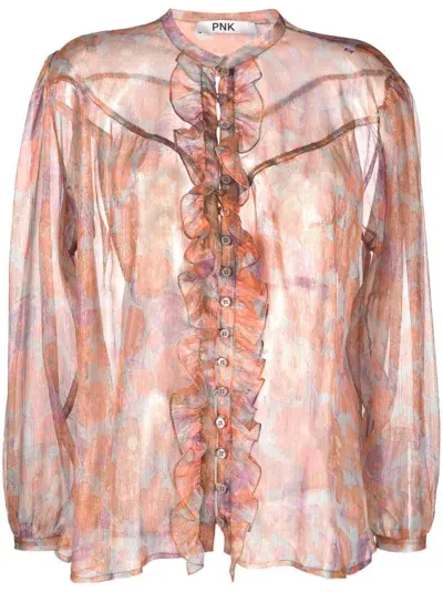 Pnk Floral-print Semi-sheer Silk Shirt In Brown