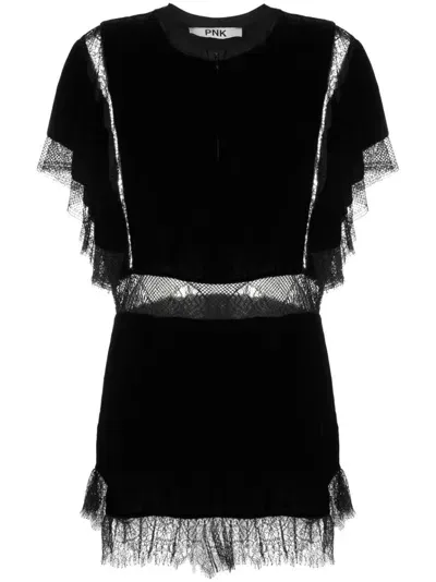 Pnk Lace-panelling Velvet Minidress In Black