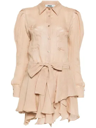 Pnk Ruffled Linen Mini Dress In Neutrals