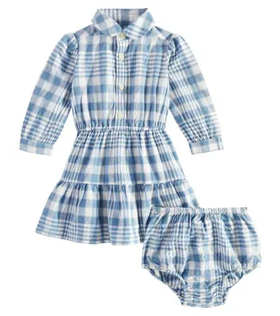 Polo Ralph Lauren Baby Checked Cotton Dress And Bloomers Set In Blue