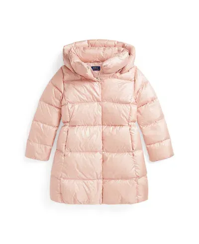 Polo Ralph Lauren Kids' Big Girls Metallic Down Hooded Long Jacket In Hint Of Pink Metallic