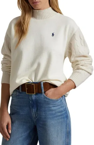 Polo Ralph Lauren Cable Stitch Sleeve Mock Neck Sweatshirt In Clubhouse Cream