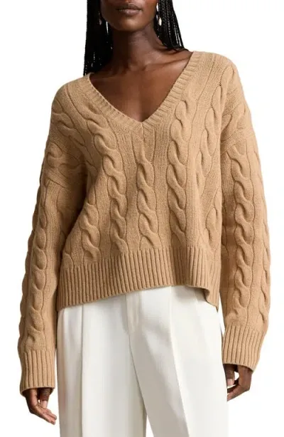 Polo Ralph Lauren Cable-knit Wool-cashmere V-neck Sweater In Collection Camel Melange