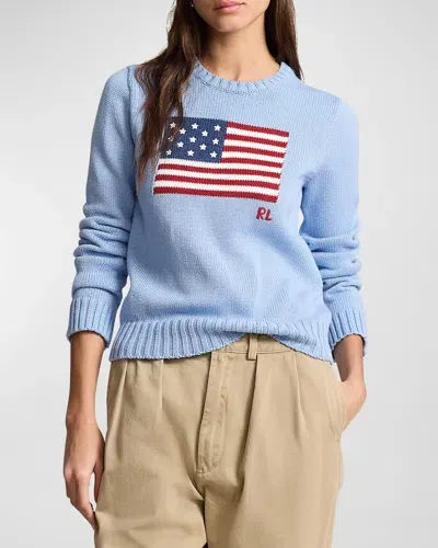 Polo Ralph Lauren Flag Cotton Crewneck Sweater In Blue