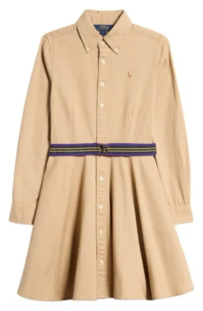 Polo Ralph Lauren Kids' Long Sleeve Belted Cotton Shirtdress In Classic Khaki