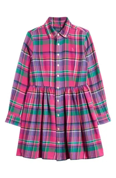 Polo Ralph Lauren Kids' Plaid Long Sleeve Shirtdress In Tartan Pink Navy Plaid Print