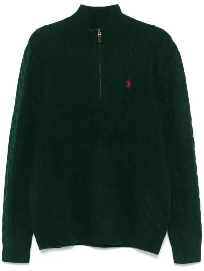 Polo Ralph Lauren Logo Embroidered Cable Knit Half Zip Jumper In Green