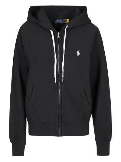 Polo Ralph Lauren Logo Embroidered Zip-up Hoodie  In Black