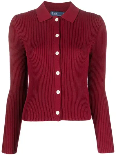 Polo Ralph Lauren Rib-knit Cotton-blend Polo Cardigan In Garnet Red