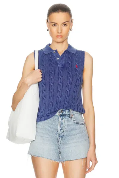 Polo Ralph Lauren Cable-knit Cotton Polo Top In Blue Yacht