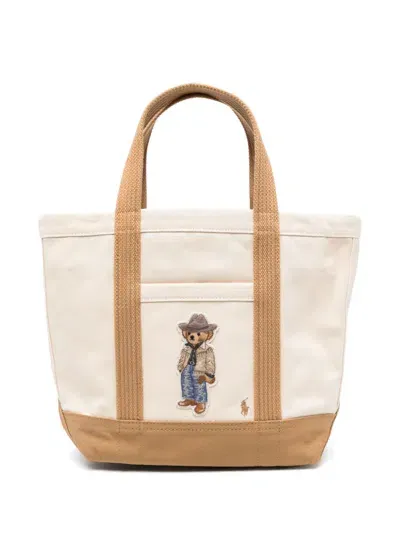 Polo Ralph Lauren Small Polo Bear Canvas Tote Bag In Neutrals