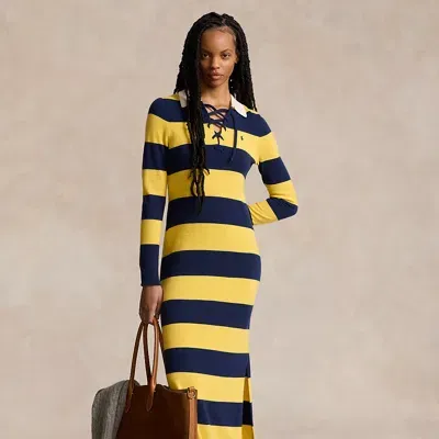 Polo Ralph Lauren Striped Cashmere Rugby Jumper Dress In Navy/gold