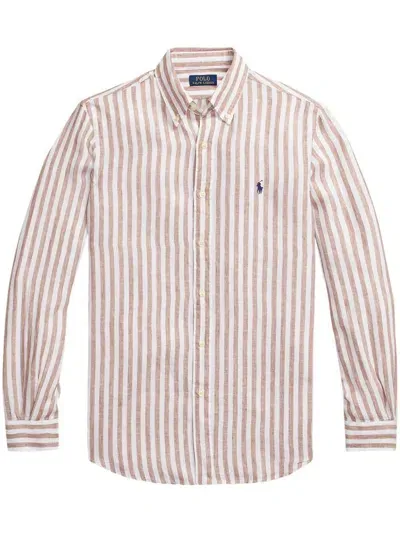 Polo Ralph Lauren Striped Linen Shirt In Brown