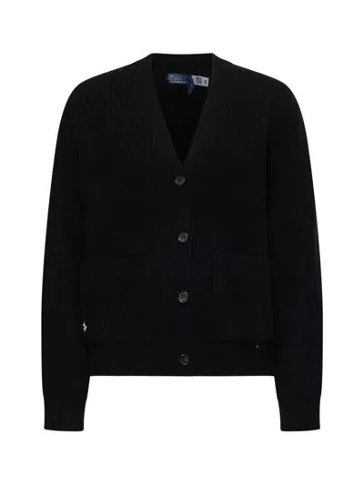 Polo Ralph Lauren Ribbed-knit Polo-embroidered Cardigan In Black