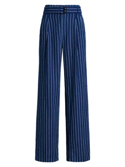 Polo Ralph Lauren Evan Belted Pinstriped Linen And Cotton-blend Twill Wide-leg Pants In Blava Wash