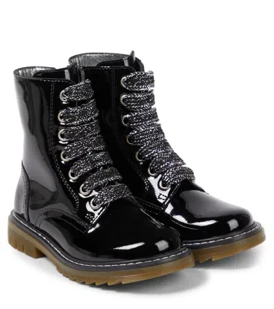 Pom D'api Kids' Sid Ranger Patent Leather Combat Boots In Black