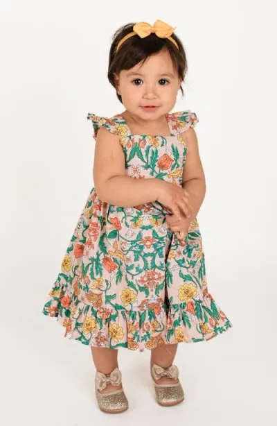 Popatu Babies'  Floral Print Ruffle Flounce Dress In Pink/green Multi