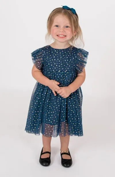 Popatu Babies'  Foil Star Flutter Sleeve Dress In Navy