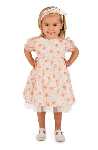 Popatu Kids' Floral Mesh Trim Dress In Coral Multi