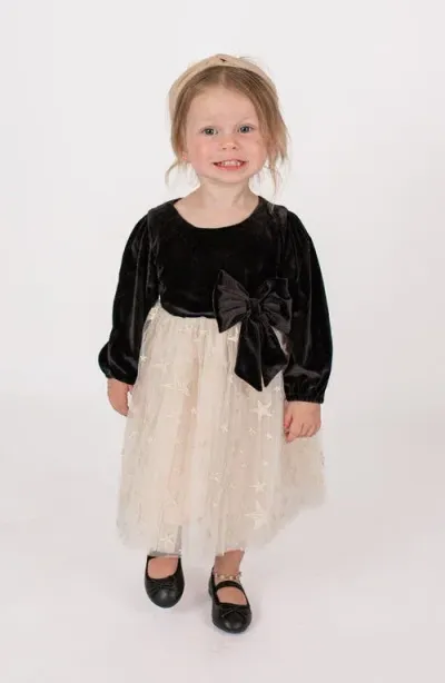 Popatu Kids' Long Sleeve Velvet & Tulle Party Dress In Black/ivory