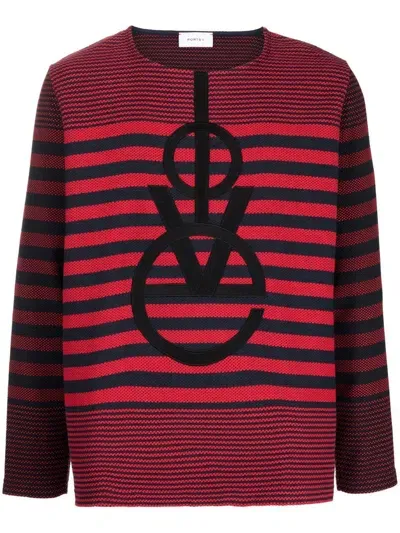 Ports V Embroidered-logo Stripe-print T-shirt In Red