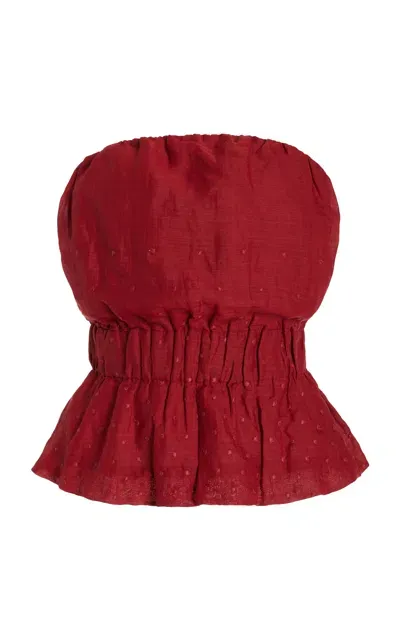 Posse Aurelia Strapless Embroidered Ramie Top In Red