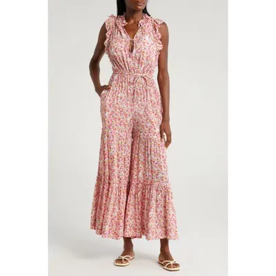 Poupette St Barth Belene Floral Tiered Ruffle Cover-up Jumpsuit In Pink Jardin