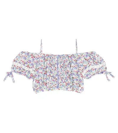 Poupette St Barth Kids' Bonny Floral Pleated Crop Top In Blue