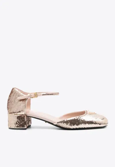 Prada 35 Logo Sequined Pumps In Gold