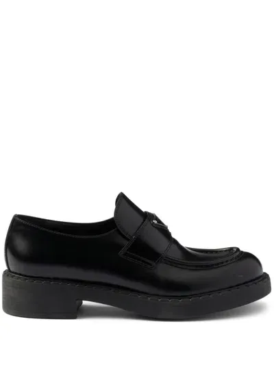 Prada Chocolate Brushed Leather Loafers In Black  