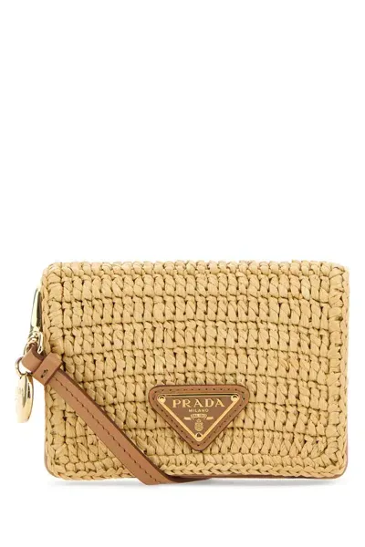 Prada Beige Raffia Card Holder In Brown