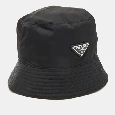 Pre-owned Prada Black Logo Applique Re-nylon Bucket Hat