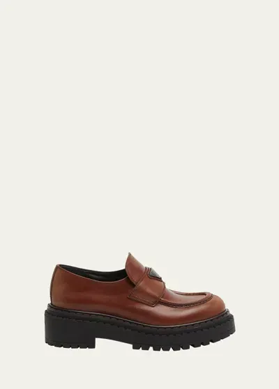 Prada Chocolate Calfskin Platform Loafers In Cognac