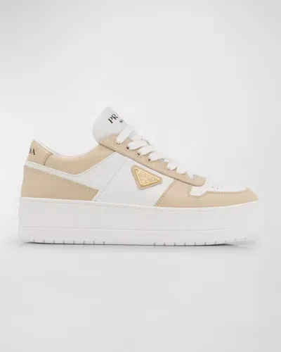 Prada Downtown Bicolor Leather Low-top Sneakers In Bianco Deserto