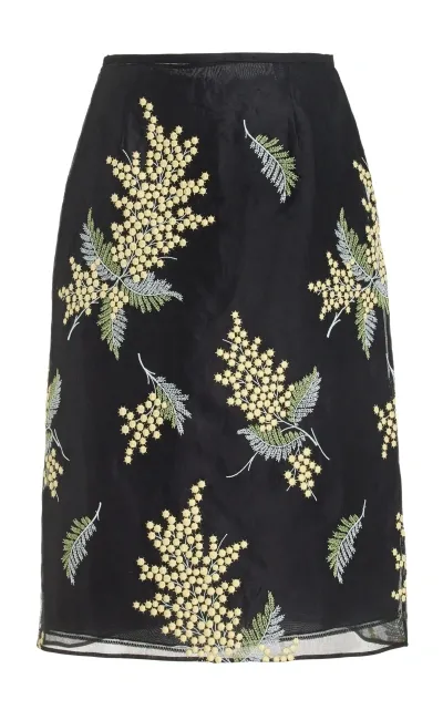 Prada Embroidered Cotton Midi Skirt In Black