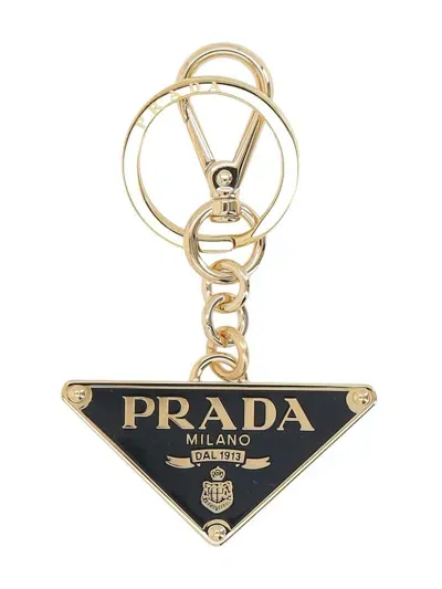 Prada Enamel Triangle-logo Keychain In Gold