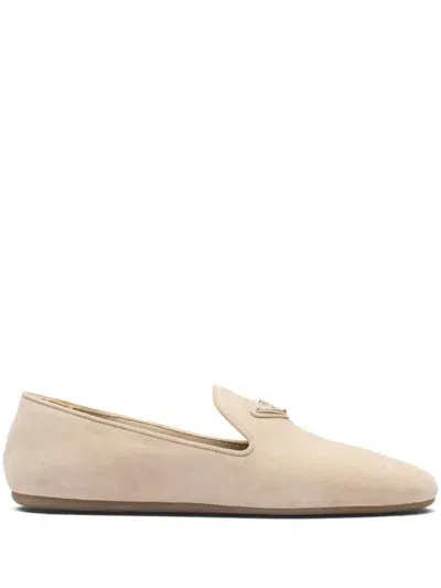 Prada Enamel Triangle-logo Leather Loafers In Neutrals