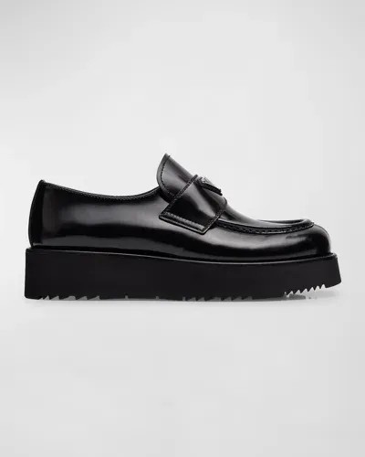 Prada Flatform Leather Loafers In Nero