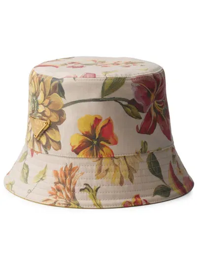 Prada Floral-print Reversible Bucket Hat In Neutrals