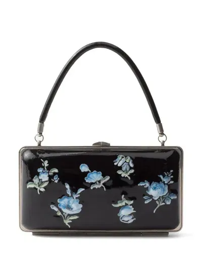 Prada Floral-printed Patent Leather Clutch In Black