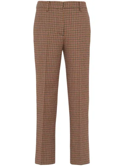 Prada Houndstooth-check Wool Trousers In Brown